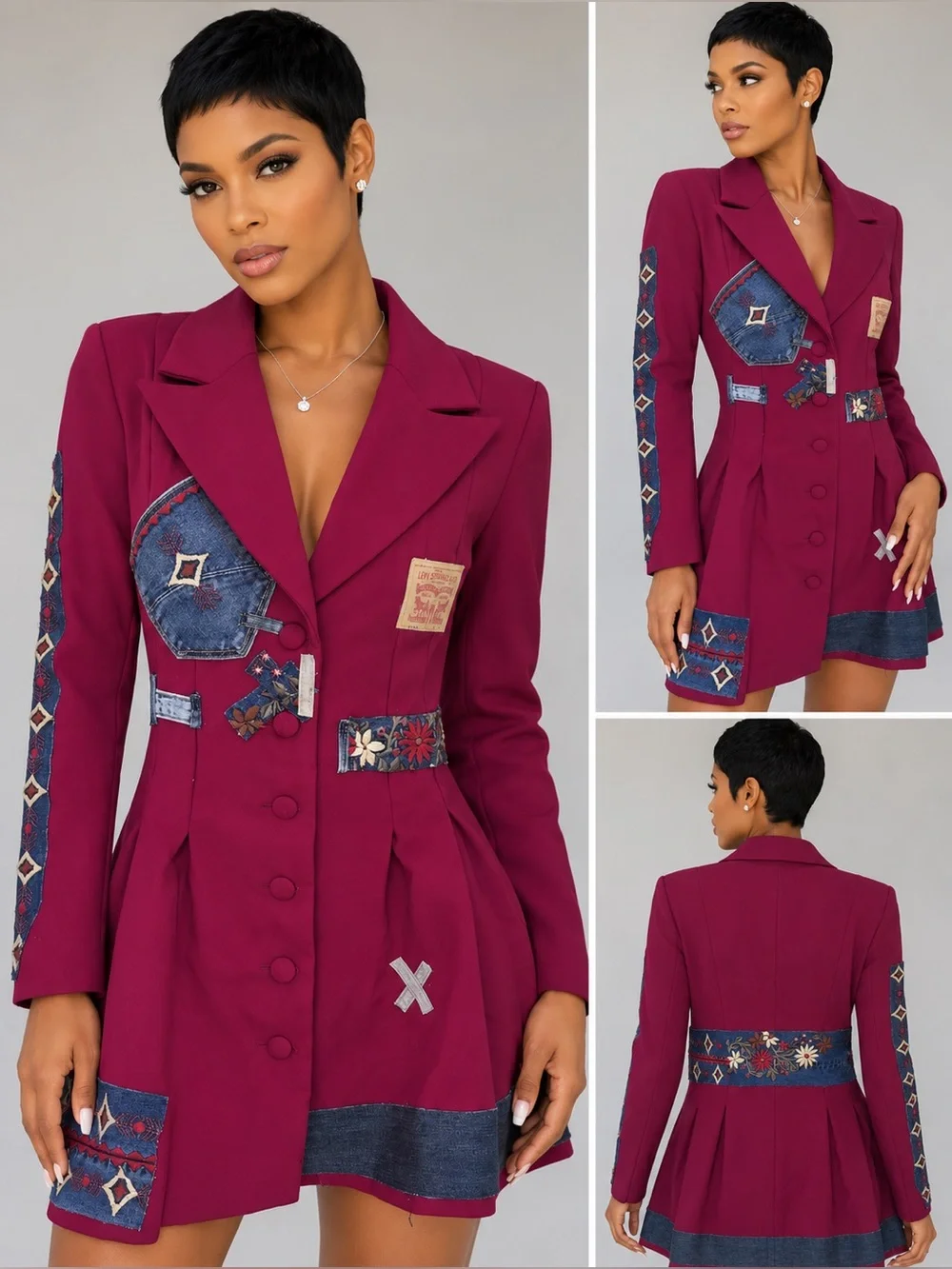 Upcycled Burgundy Patchwork long Blazer size L